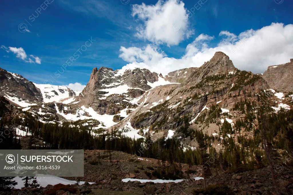 Notchtop Mountain (center-left of frame, and Little Matterhorn Peak), Rocky Mountain National Park, Colorado, USA