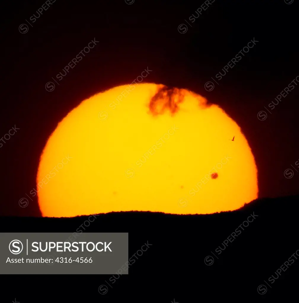 Telephoto view of sun as Venus transits between earth and sun, rendered as a small dot on the disk of the sun
