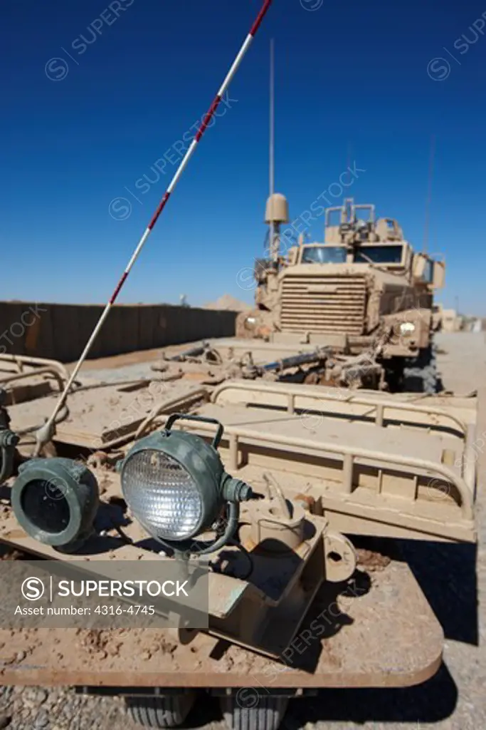 Detail view of headlights on a mine roller attached to an MRAP, or mine resistant, ambush protected vehicle, Helmand Province of Afghanistan