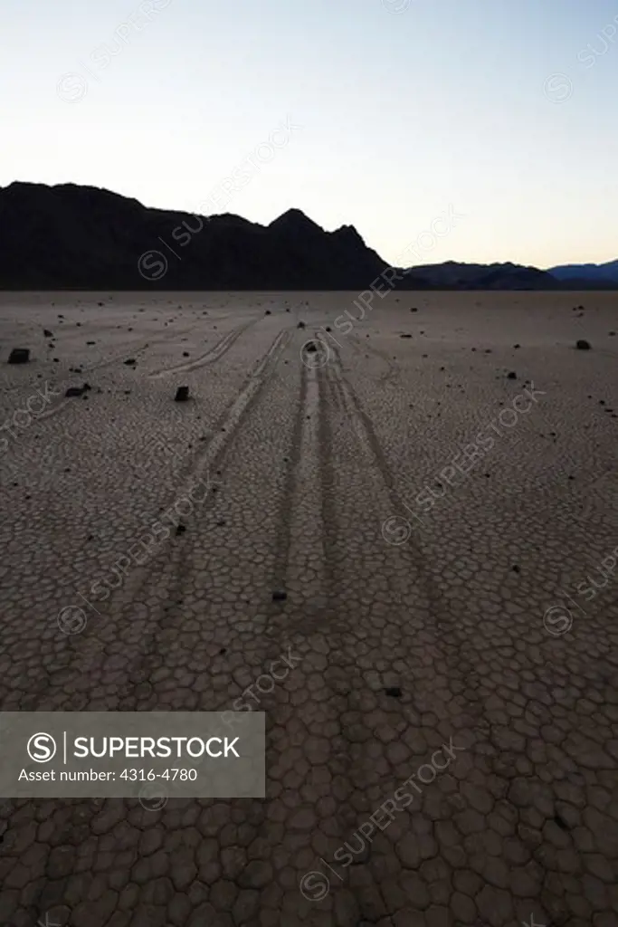 Tracks of moving rocks of Racetrack Playa, Death Valley National Park, California