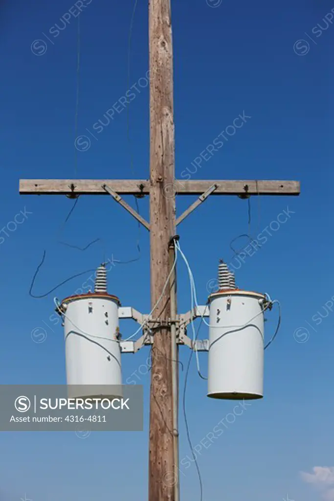 Power pole, power lines, and transformers