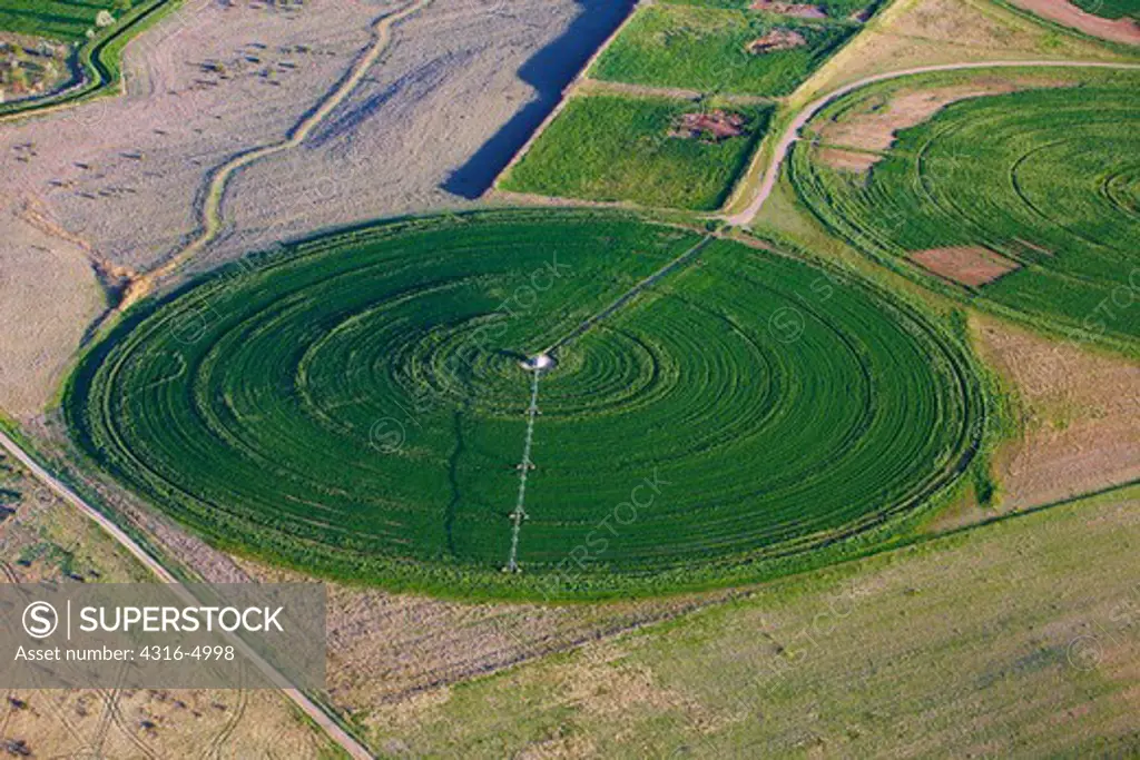Circular crop and center pivot irrigation system from air, Colorado