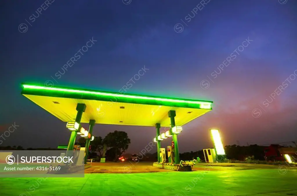 Night view of a fuel station, Atlas Mountains of Morocco