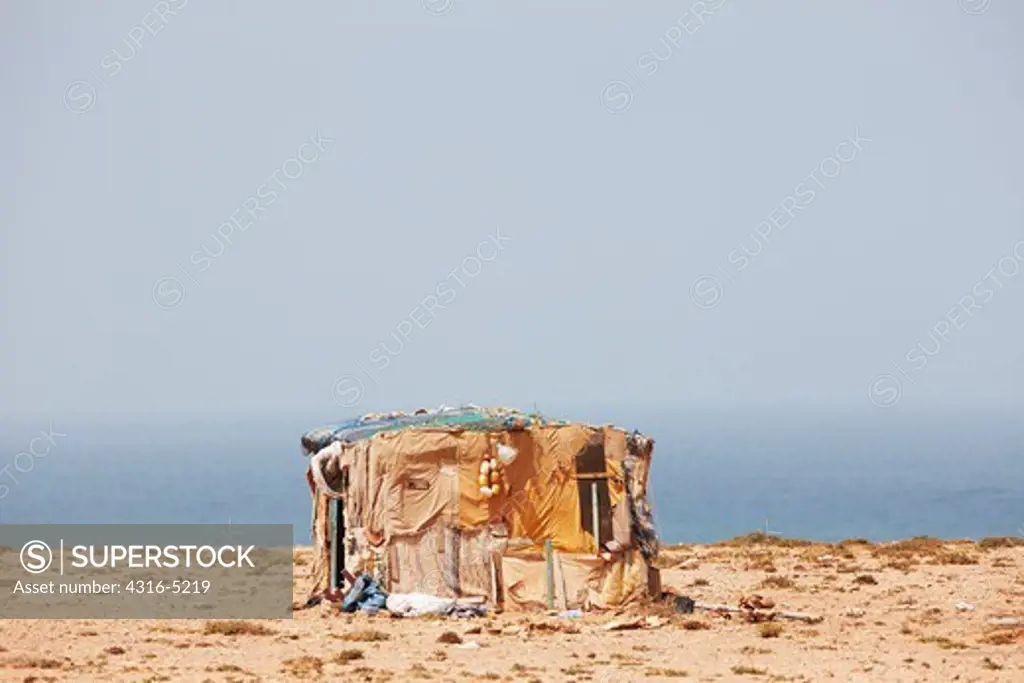 Bedouin nomad tent on beach, Atlantic coast of southern Morocco
