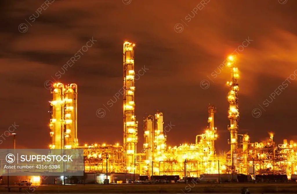 Night view of a petrochemical refinery, Pasadena, Houston, Texas, USA