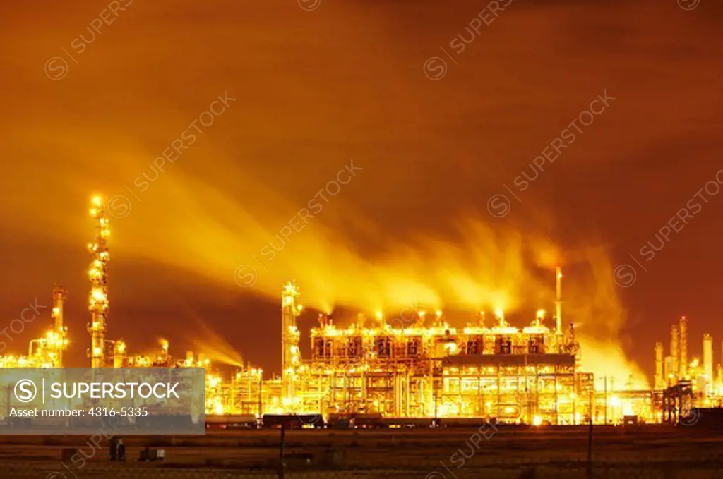 Night view of a petroleum refinery, Pasadena, Houston, Texas, USA