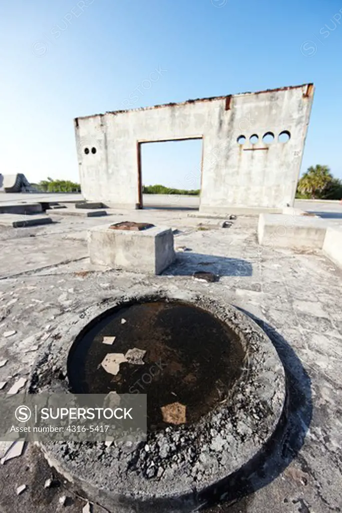 Remains of the Environmental Control System (ECS) building at the decommissioned Launch Complex 34, Cape Canaveral Air Force Station, Cape Canaveral, Florida, USA