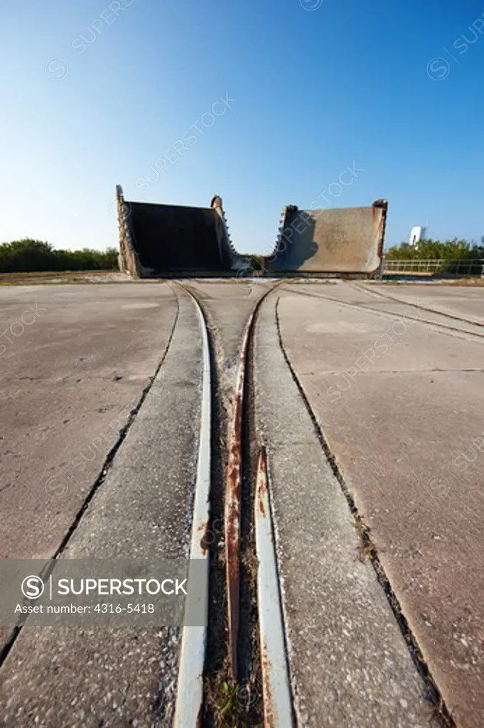 Blast deflector transfer tracks and blast deflectors at the decommissioned Launch Complex 34, Cape Canaveral Air Force Station, Cape Canaveral, Florida, USA