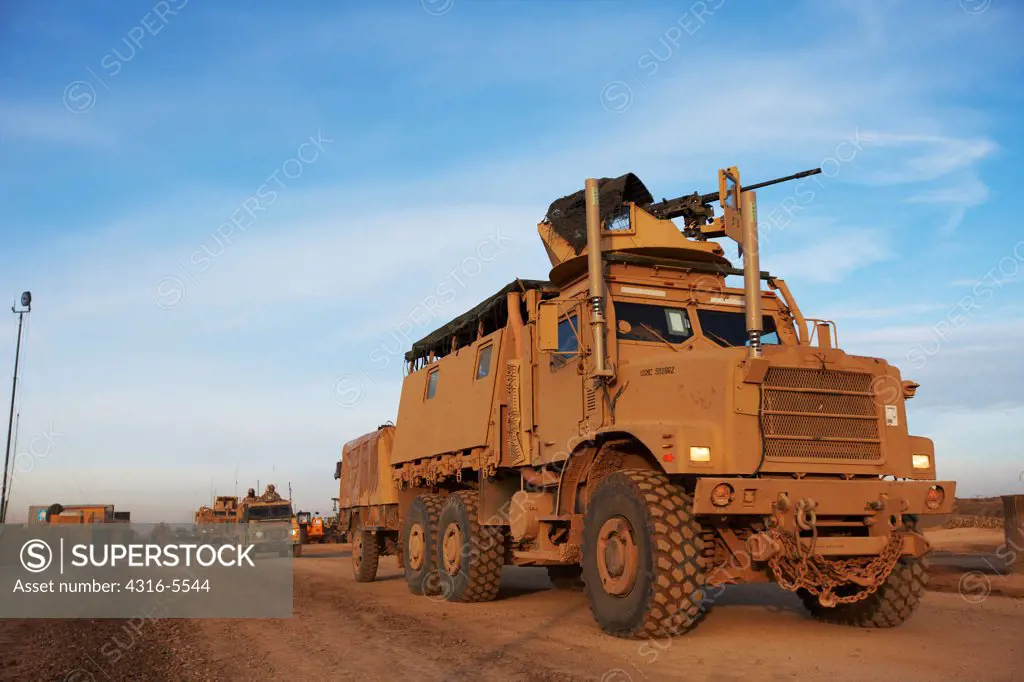 MTVR or Medium Tactical Vehicle Replacement (also known as a 7-ton) Fitted with Electronic Countermeasure Devices to thwart radio controlled improvised explosive devices (IEDs), Camp Leatherneck, Helmand Province, Afghanistan