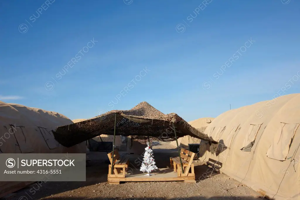 Christmas tree amid military tents, Camp Leatherneck, Helmand Province, Afghanistan