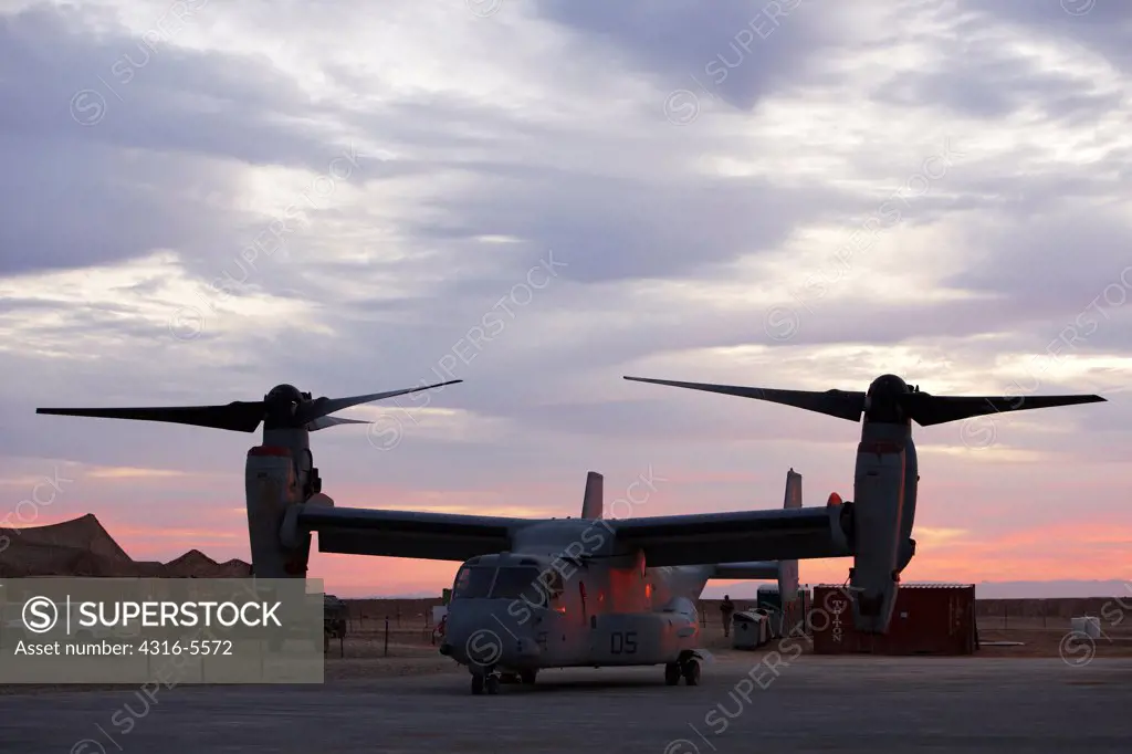United States Marine Corps MV-22 Osprey on flight line, Camp Bastion, Helmand Province, Afghanistan