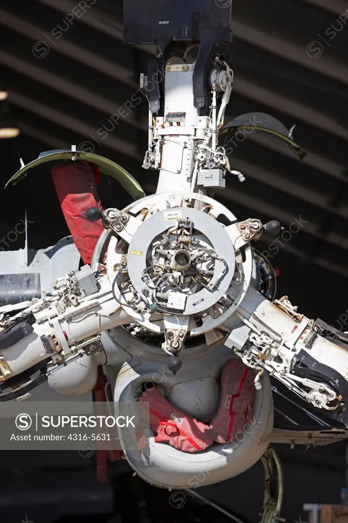 Detail of hub of proprotor assembly of a United States Marine Corps MV-22 Osprey during maintenance, Camp Bastion, Helmand Province, Afghanistan