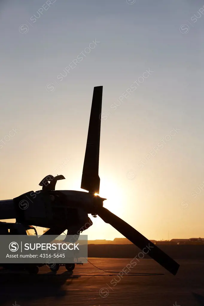 Silhouette of engine nacelle and proprotor assembly of a United States Marine Corps MV-22 Osprey, Camp Bastion, Helmand Province, Afghanistan