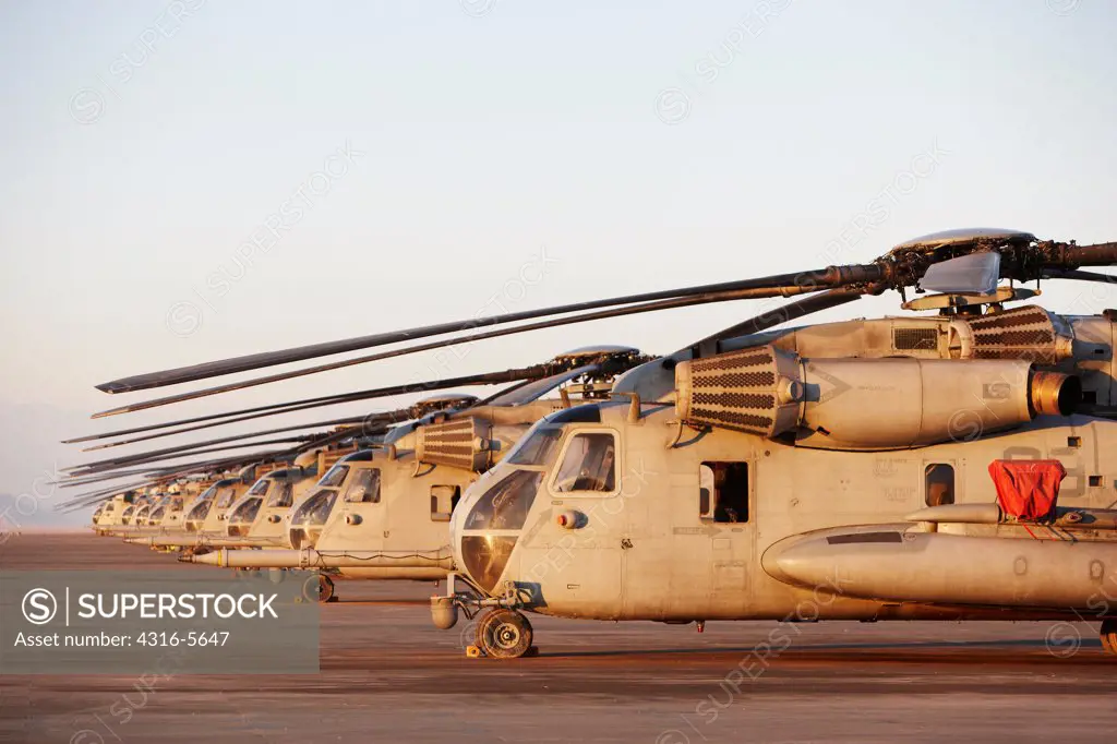 Line of United States Marine Corps CH-53E Super Stallion heavy lift cargo helicopters, Camp Bastion, Helmand Province, Afghanistan