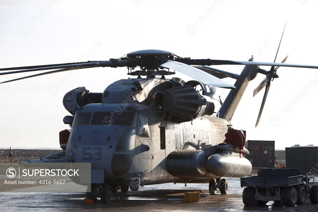 United States Marine Corps CH-53E Super Stallion heavy lift cargo helicopter at Camp Bastion, Helmand Province, Afghanistan
