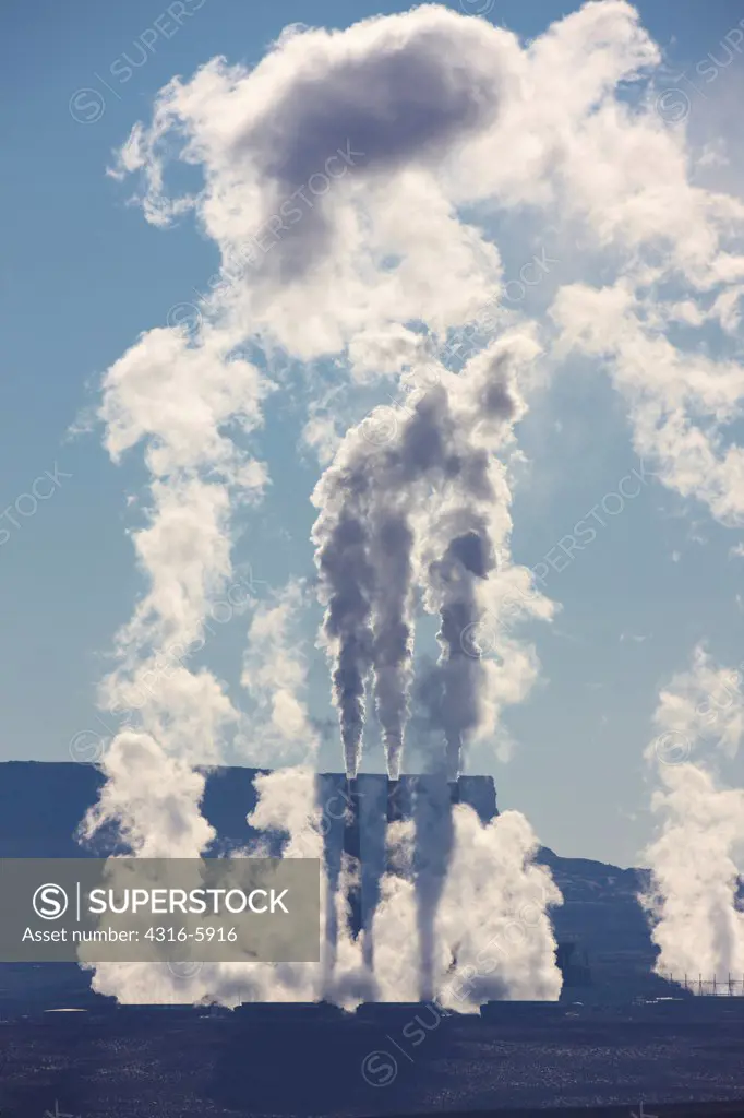 USA, Arizona, Steam rising from Navajo Generating Station, coal-fired electricity generating power plant, near Page