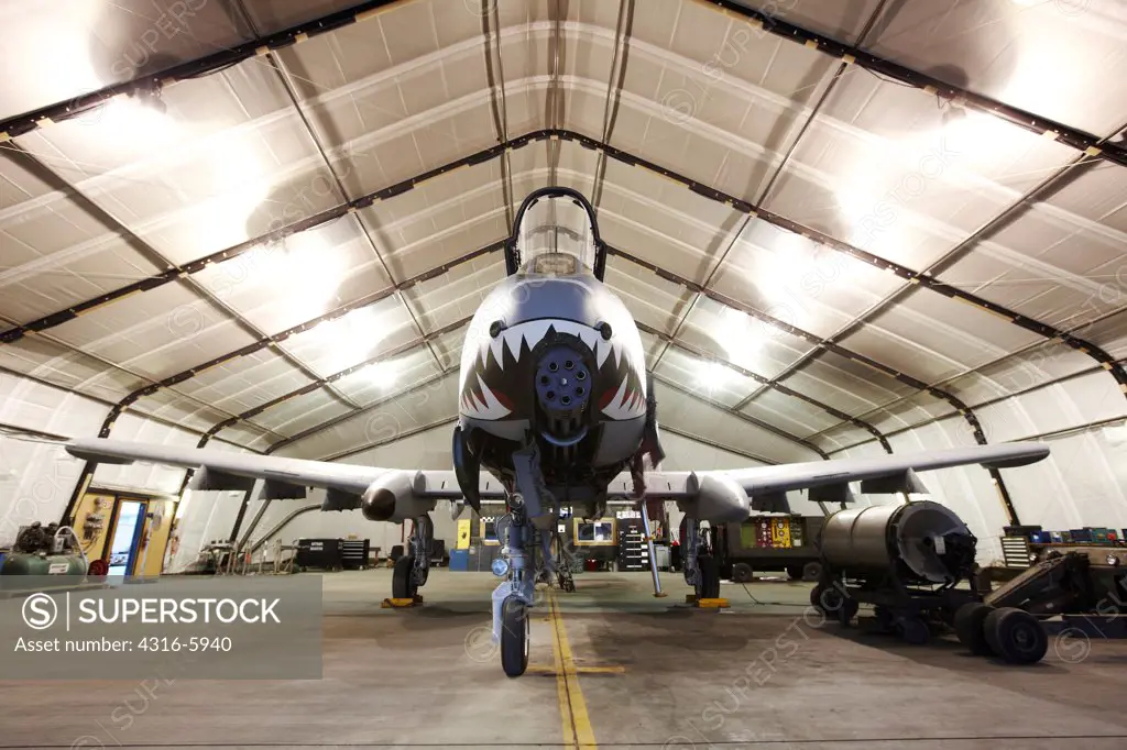 Afghanistan, Bagram, Bagram Airfield, United States Air Force A-10 Thunderbolt II in maintenance hangar