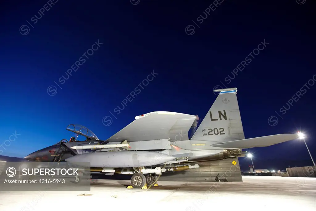 Afghanistan, Bagram, Bagram Airfield, United States Air Force F 15E Strike Eagle ready to launch on mission