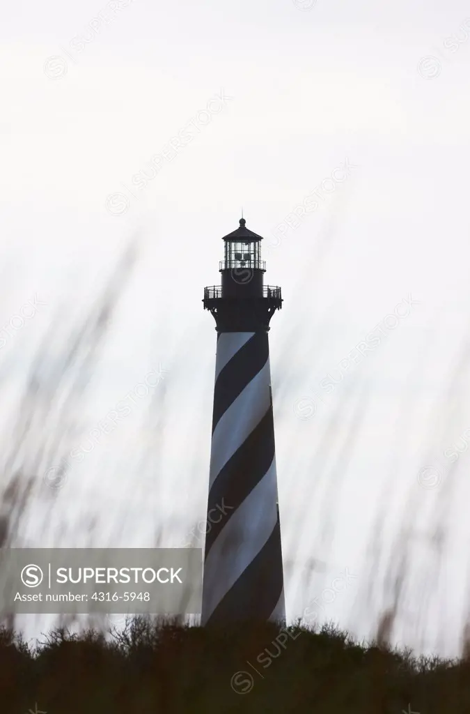 USA, North Carolina, Hatteras Island, Cape Hatteras Lighthouse and beach grass on foreground