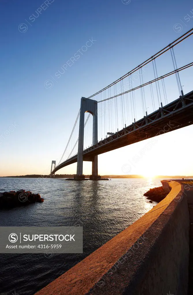 USA, New York State, New York City, Verrazano Narrows Bridge at Dusk from New York City borough of Brooklyn