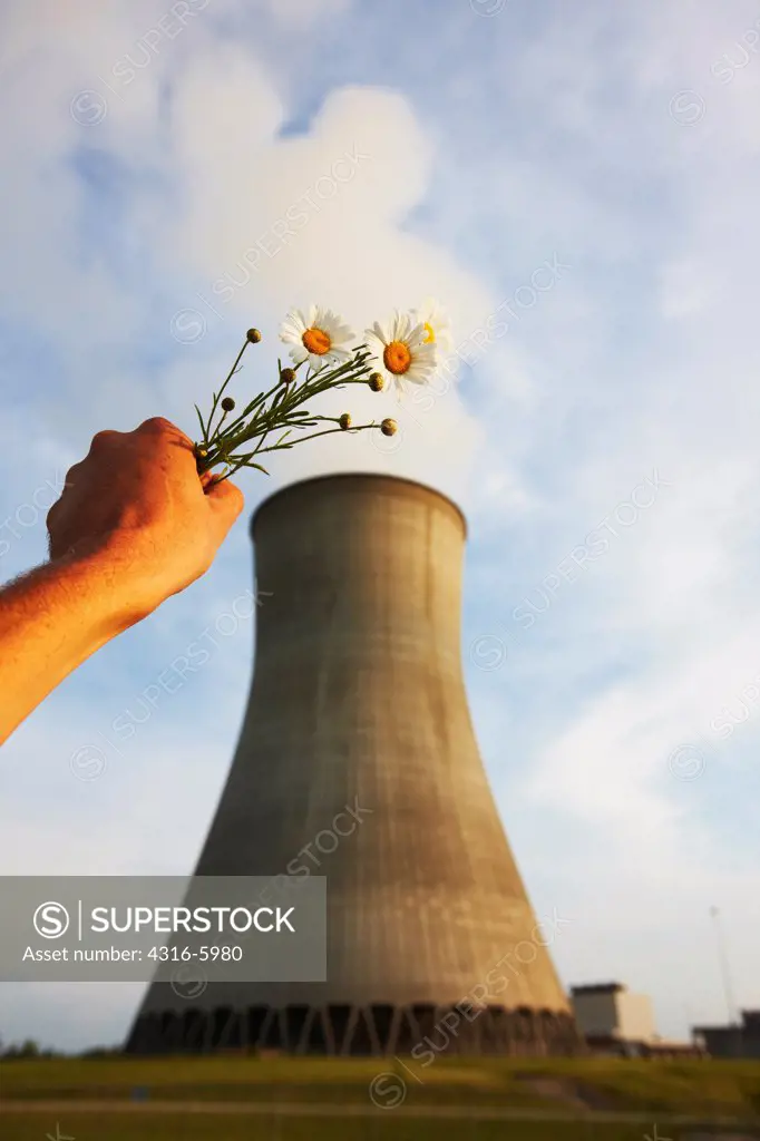 USA, Missouri, Callaway County, Hand holding daisies beneath cooling tower for nuclear reactor, Callaway Nuclear Generating Station