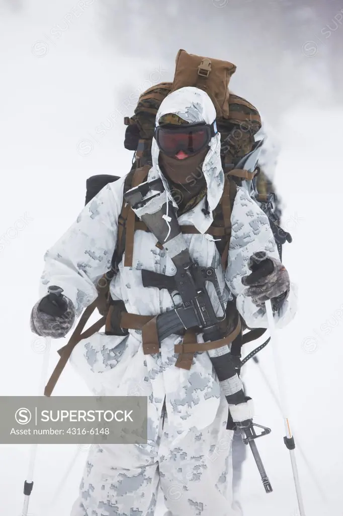 USA, California, US Marine Sniper Skiing cross country during cold weather and mountain warfare training in Mountain Warfare Training Center near Bridgeport