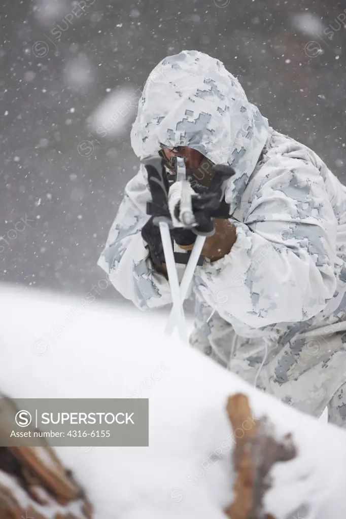 USA, California, United States Marine aims an M16 Service Rifle during cold weather and mountain warfare training in Mountain Warfare Training Center near Bridgeport