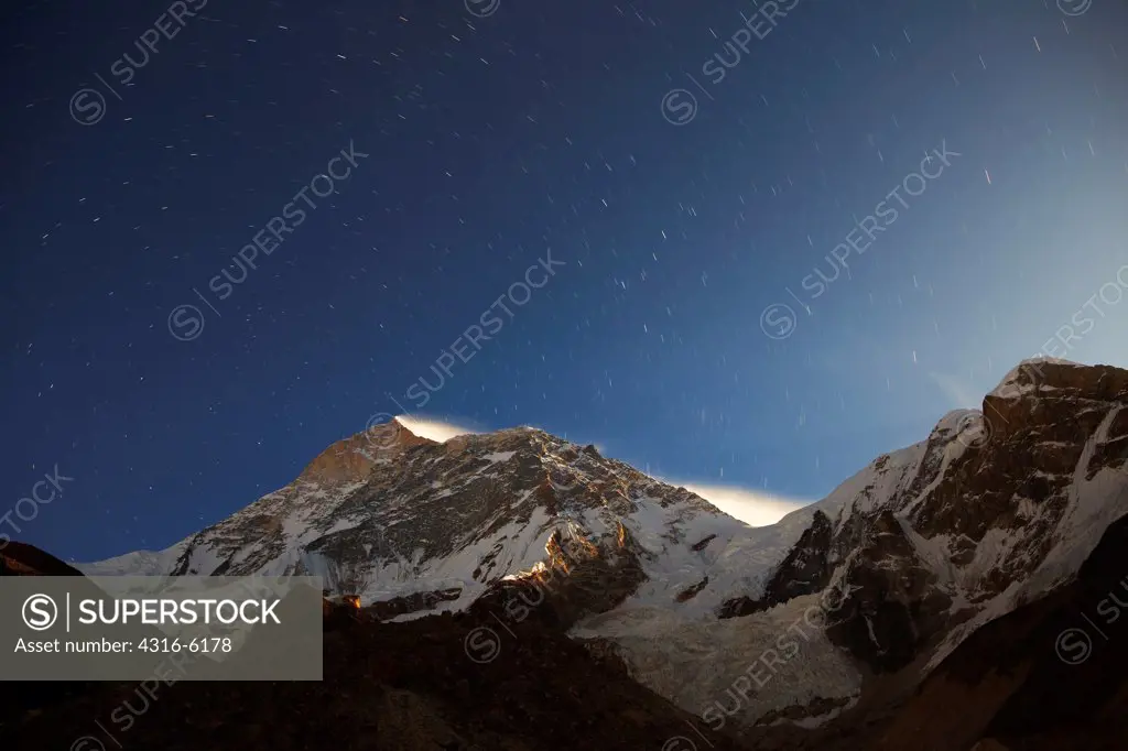 Nepal, Makalu-Barun National Park, Night view of summit of Makalu in moonlight