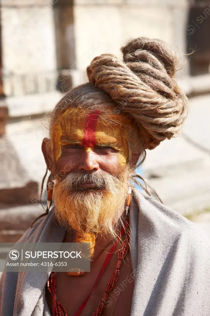 Nepal, Himalaya, Deopatan, Pashupatinath Temple, portrait of Hindu Sadhu (Holy Man)