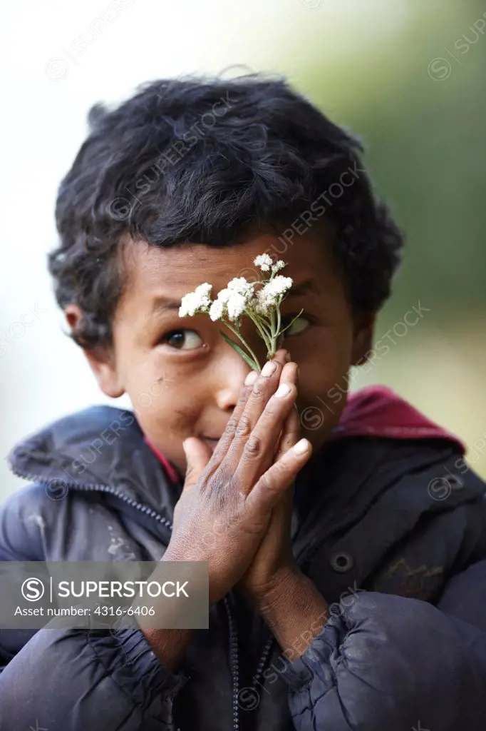Nepal, Himalaya, Makalu-Barun National Park, Tashigon Village, boy holding wildflowers, close-up