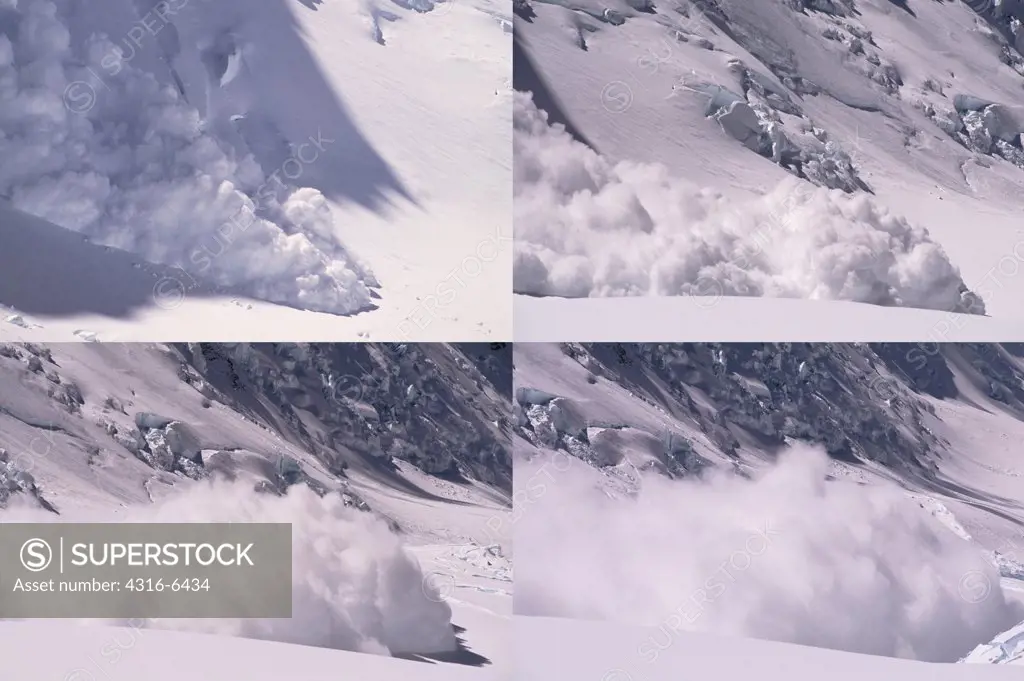 Canada, Yukon Territory, Kluane National Park, sequence shoot of avalanche sweeping across King Trench