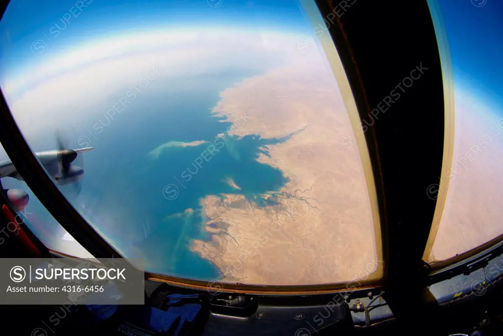 View from the cockpit of a US Marine Corps KC-130J Super Hercules of Lake Qadisiyah, Al Anbar Province, Iraq
