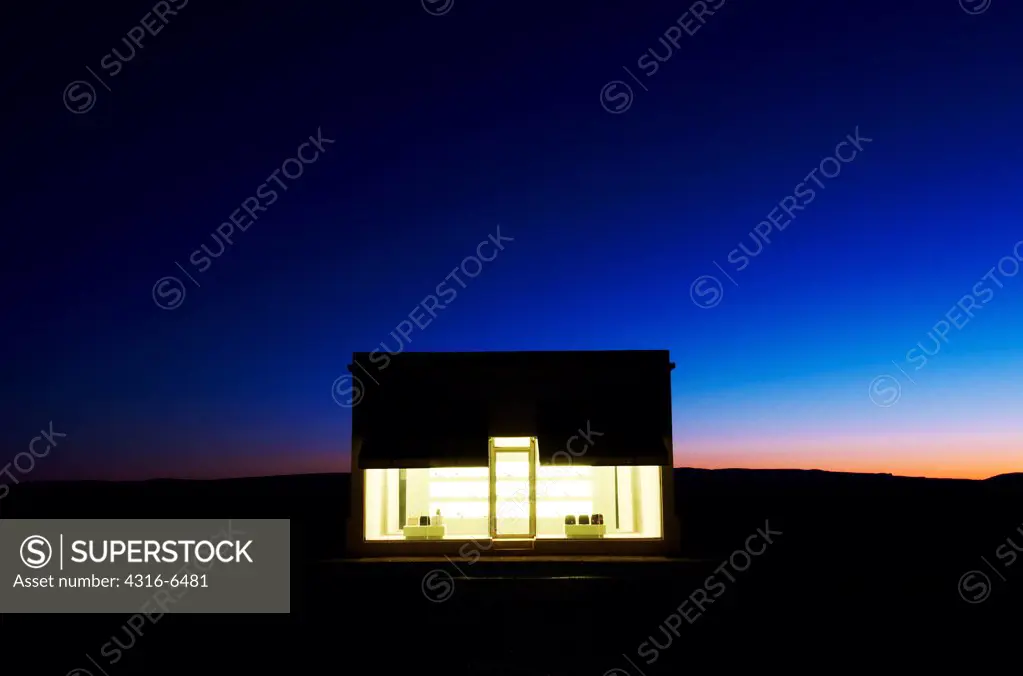 Night view of Prada Marfa, Marfa, Valentine, Texas, USA