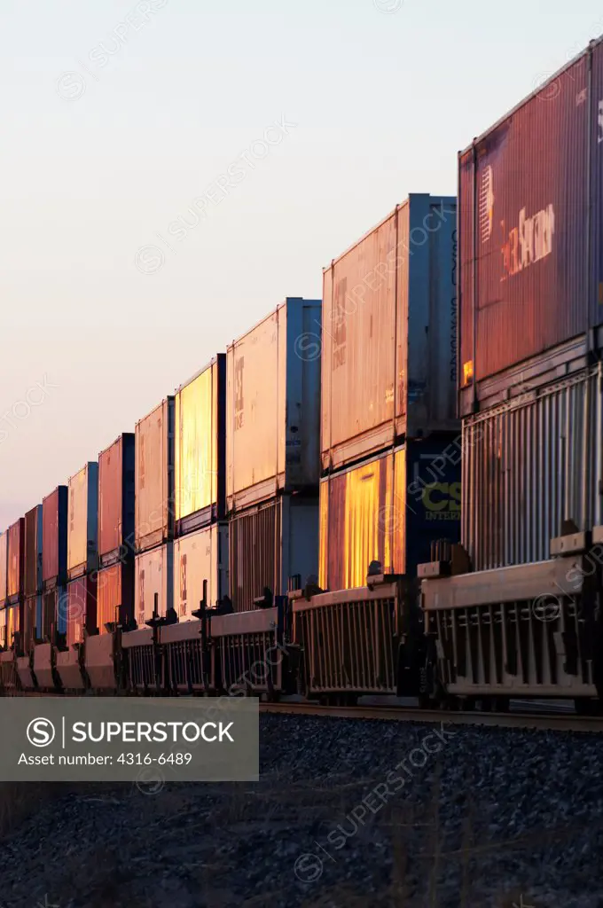Rail cars of passing freight train, Marfa, Texas, USA
