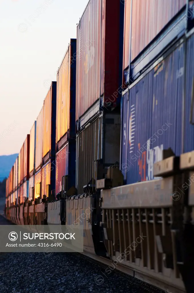 Rail cars of passing freight train, Marfa, Texas, USA
