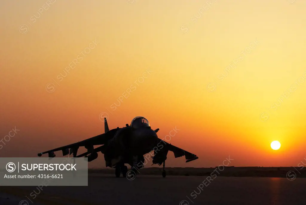 US Marine Corps AV-8B Harrier at sunset after returning from a combat operation, Al Asad Air Base, Al Anbar Province, Iraq