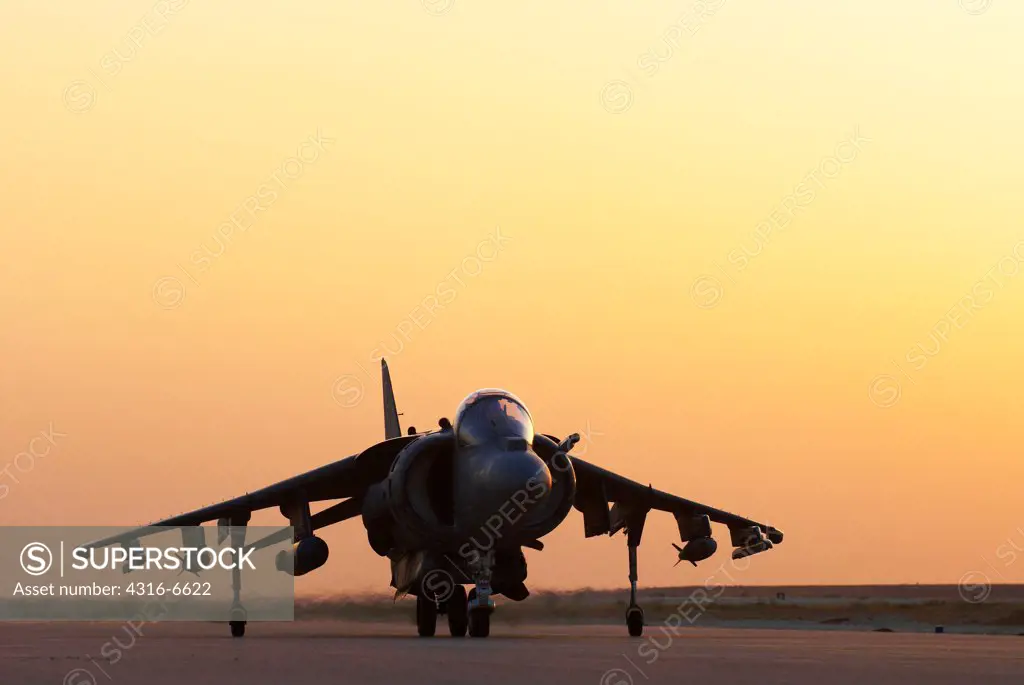 US Marine Corps AV-8B Harrier at sunset after returning from a combat operation, Al Asad Air Base, Al Anbar Province, Iraq