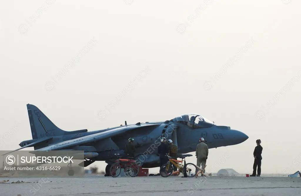 US Marine Corps aviator prepares to launch a Marine Corps AV-8B Harrier from Al Asad Air Base, Al Anbar Province, Iraq