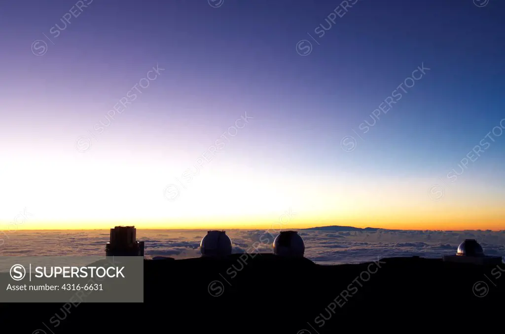 Silhouette of observatories, Mauna Kea Observatory, Mauna Kea, Hawaii Islands, Hawaii, USA