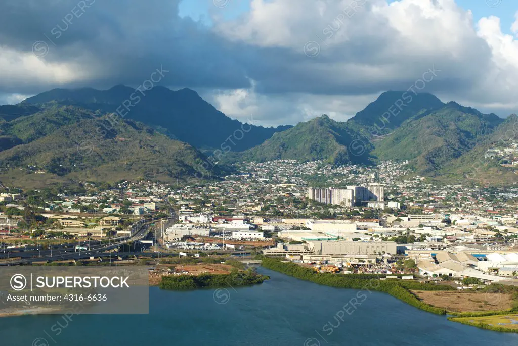 Aerial view of a city at the waterfront, Honolulu, Oahu, Hawaii, USA