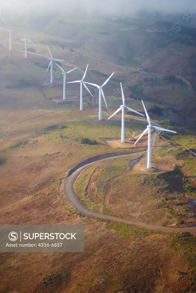 Aerial view of wind turbines of the Kaheawa Wind Energy Project, West Maui Mountains, Maui, Hawaii, USA