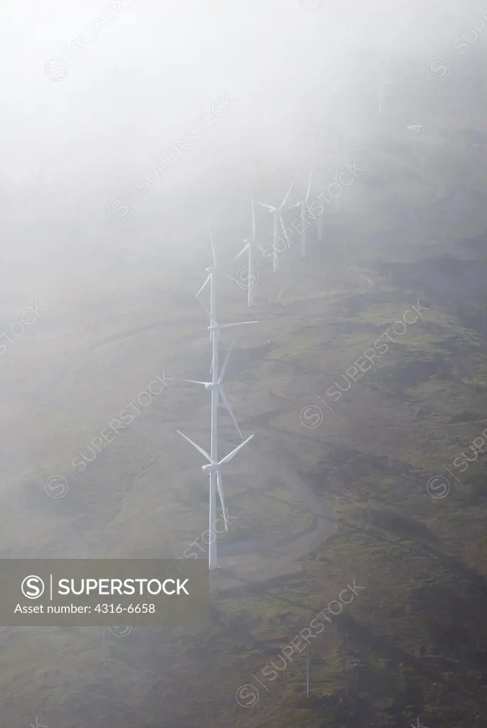 Aerial view of wind turbines of the Kaheawa Wind Energy Project, West Maui Mountains, Maui, Hawaii, USA