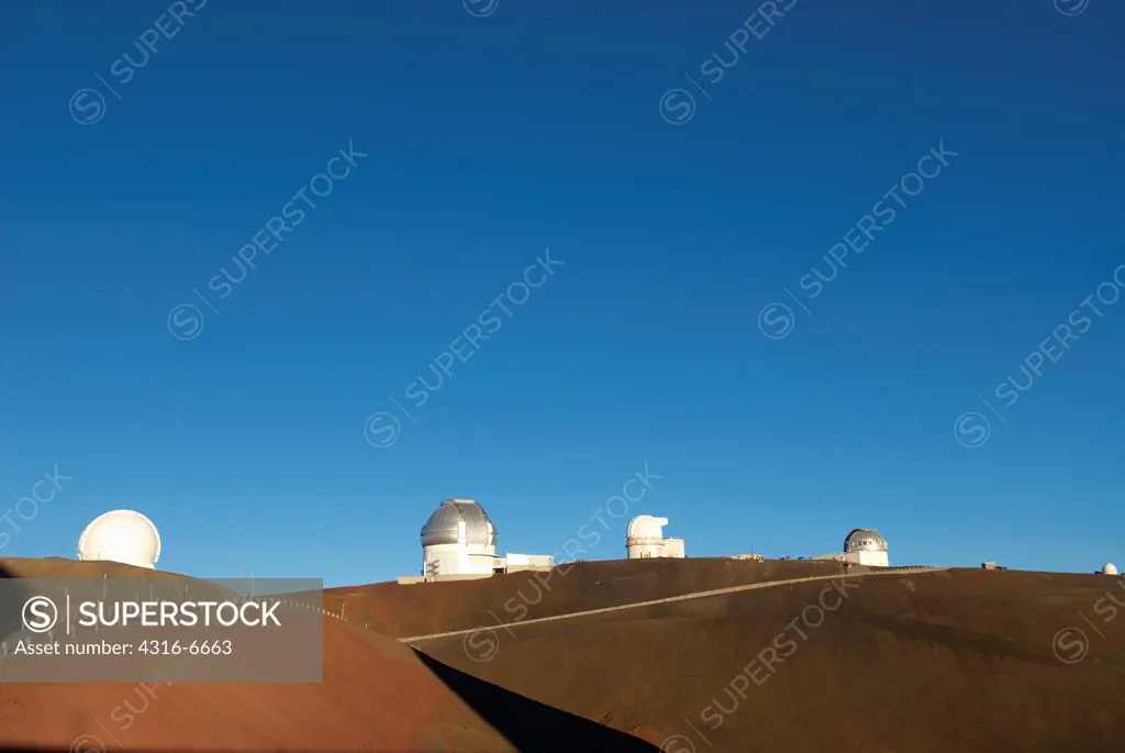 Observatories on a hill, Mauna Kea Observatory, Mauna Kea, Hawaii Islands, Hawaii, USA