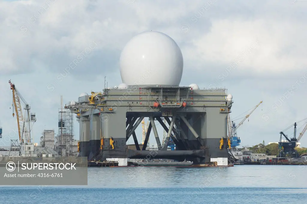 Sea based X-Band Radar component of the US Ballistic Missile Defense system, a self-propelled floating mobile radar station at dock, Pearl Harbor, Oahu, Hawaii, USA