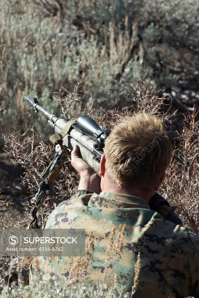 US Marine Corps Scout Sniper aiming an M14 Designated Marksman Rifle during high angle mountain sniper training, Mountain Warfare Training Center, near Bridgeport, California, USA