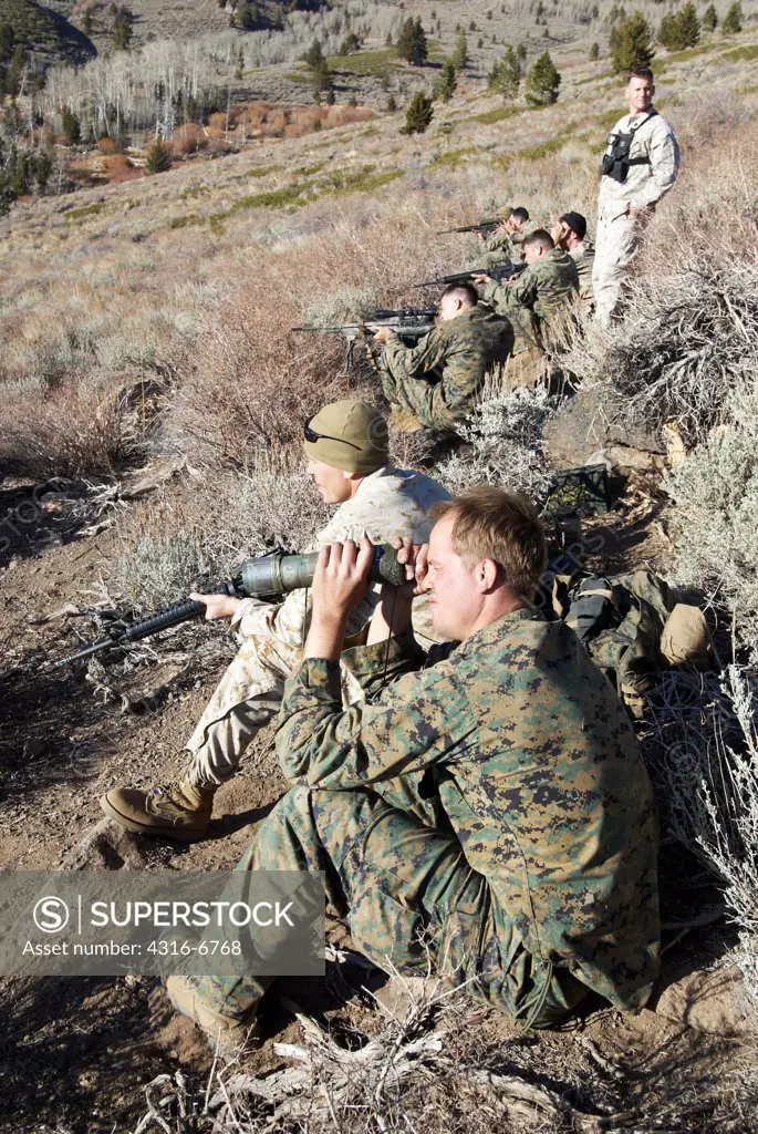 US Marines during high angle mountain sniper training, Marine Corps Mountain Warfare Training Center, near Bridgeport, California, USA