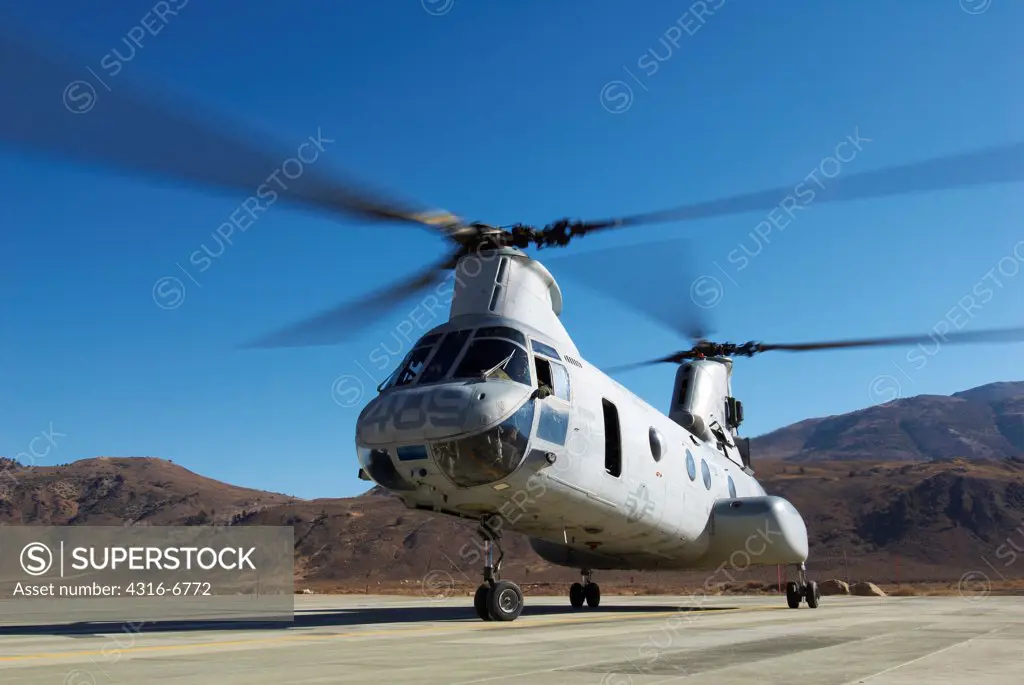 US Marine Corps CH-46 Sea Knight at the expeditionary airfield at the Marine Corps Mountain Warfare Training Center, Bridgeport, California, USA