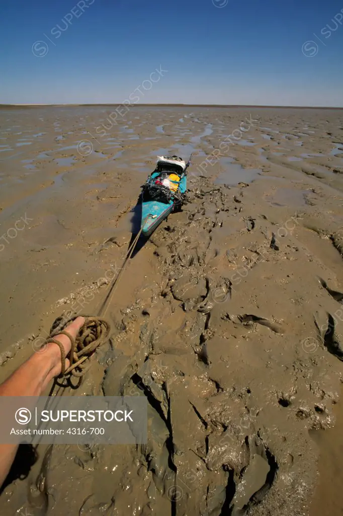 Towing an Expedition Kayak Across Colorado River Delta Mud Flats