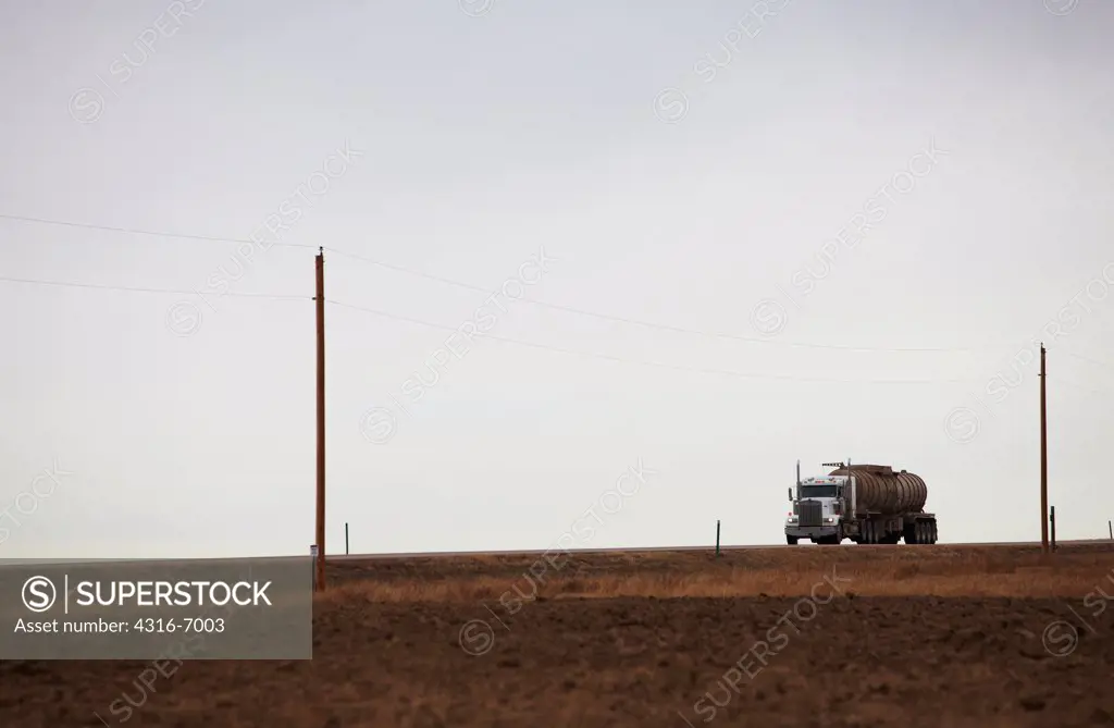 USA, Colorado, Oilfield services truck carrying Hydrofracking or Fracking fluid
