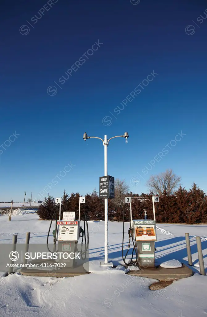 USA, Kansas, Two diesel fuel pumps, one for farm use and one for road use